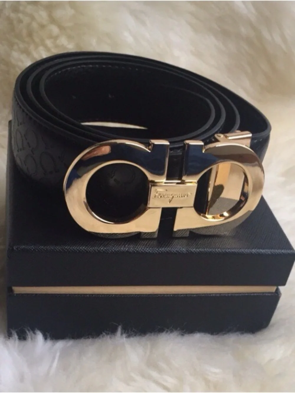 Salvatore Ferragamo Black Leather Belt with Gold Double Gancini Buckle